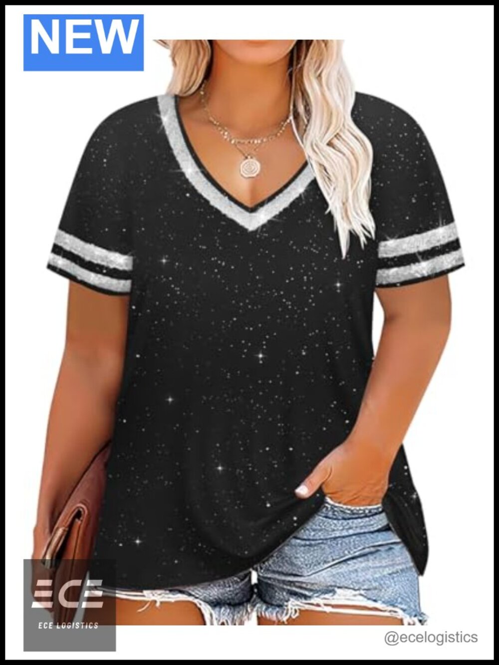 Plus Size Sequin Trim V-Neck Short Sleeve Tunic Tee